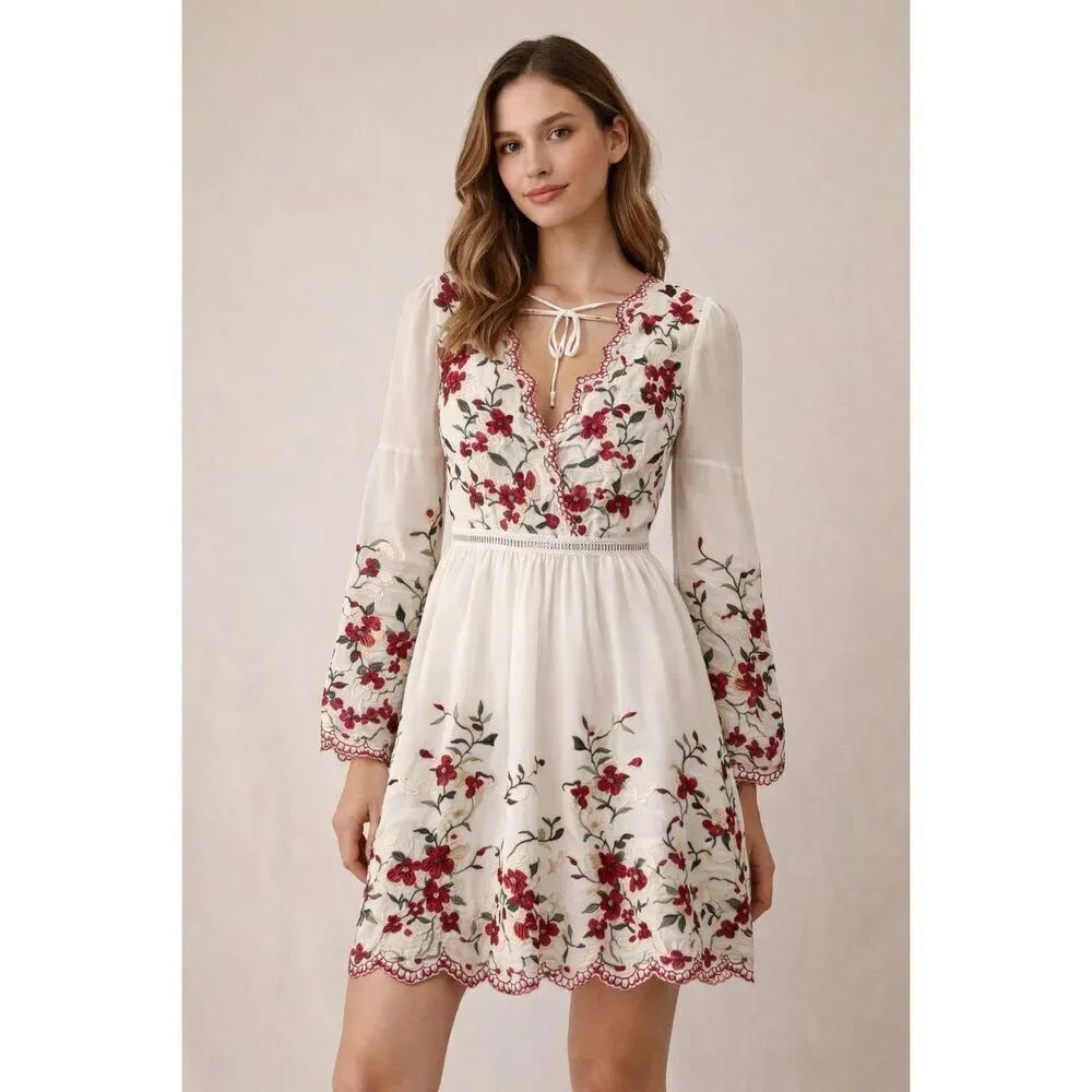 Lucy Paris Floral Embroidered Long Sleeve Fit & Flare Dress Small